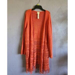 Chico's Long LS Duster Open Front Knit & Crochette‎ Fringe Cardigan Size 2 L XL